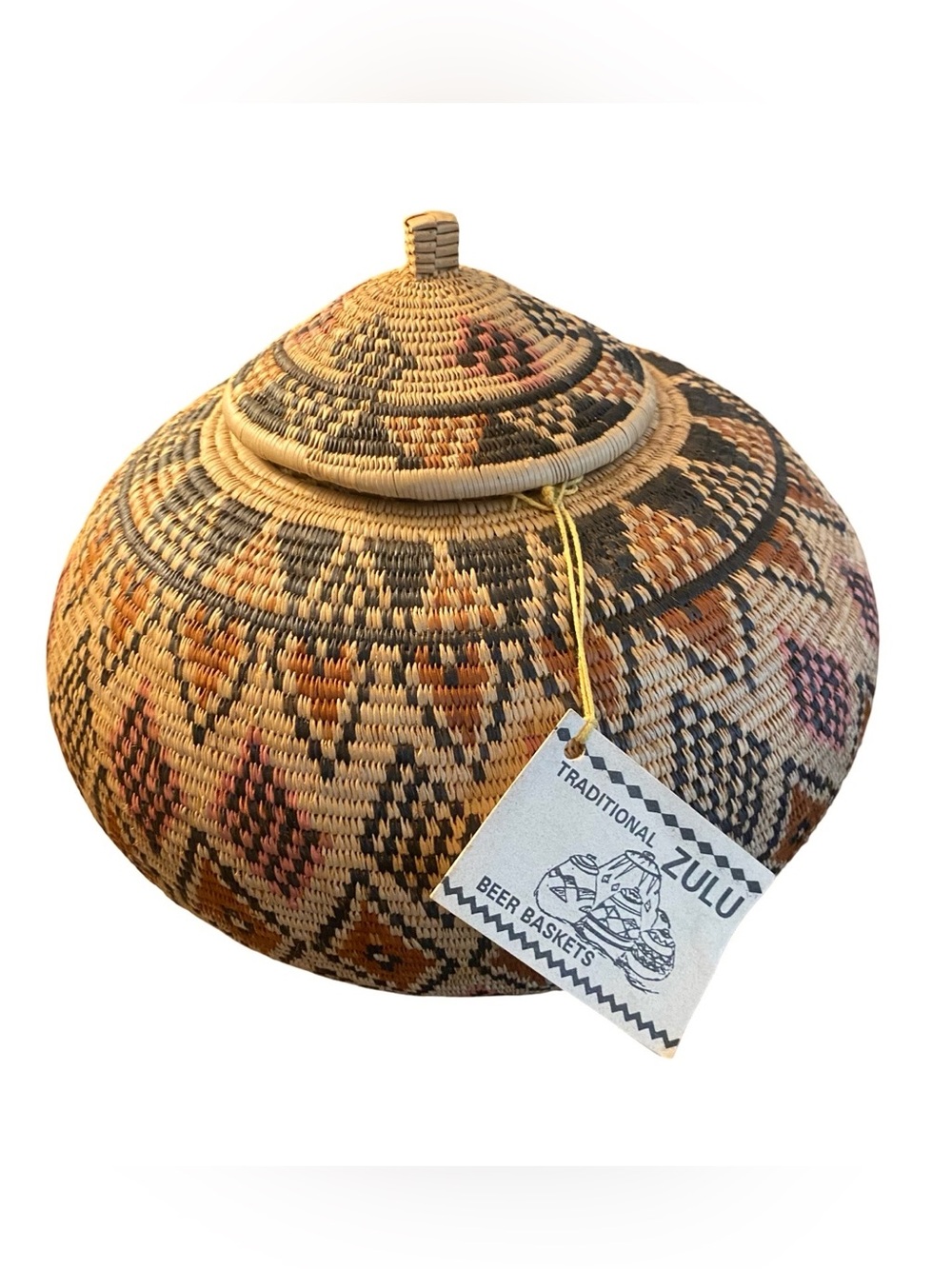 Authentic Zulu Beer Basket Woven Bulb Shaped Lid South Africa Handmade Large